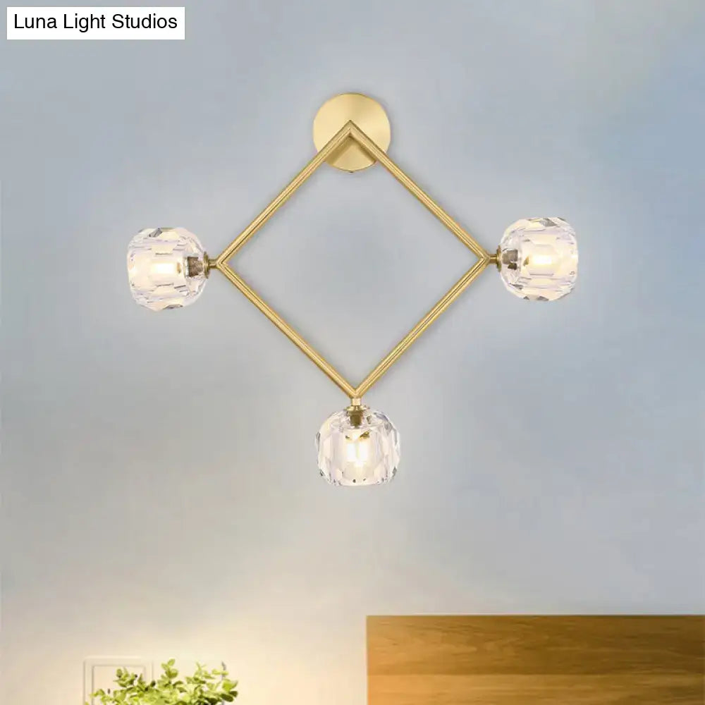 DecorBites™ Contemporary 3-Head Brass Wall Sconce with Modo Crystal Shade - Ring/Square Wall Light Fixture