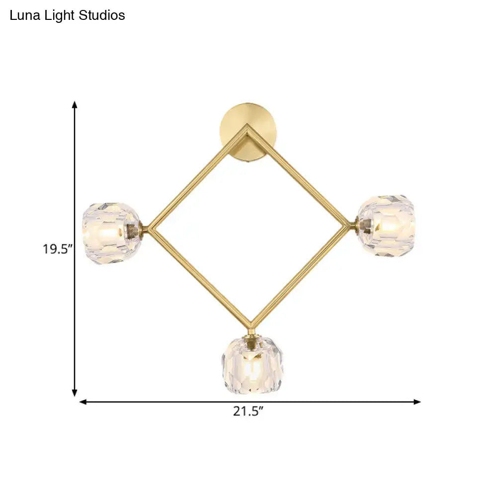 DecorBites™ Contemporary 3-Head Brass Wall Sconce with Modo Crystal Shade - Ring/Square Wall Light Fixture