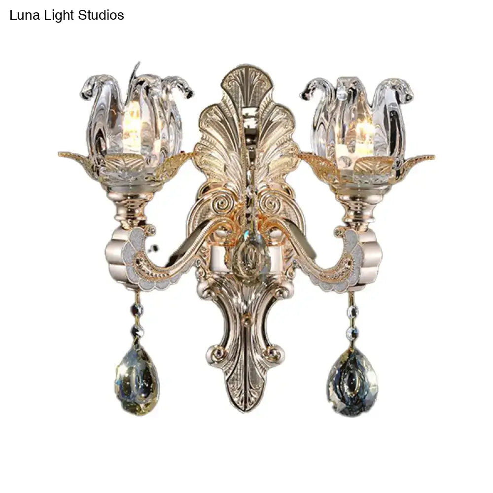 Contemporary gold crystal drop wall lamp – bedroom light fixture