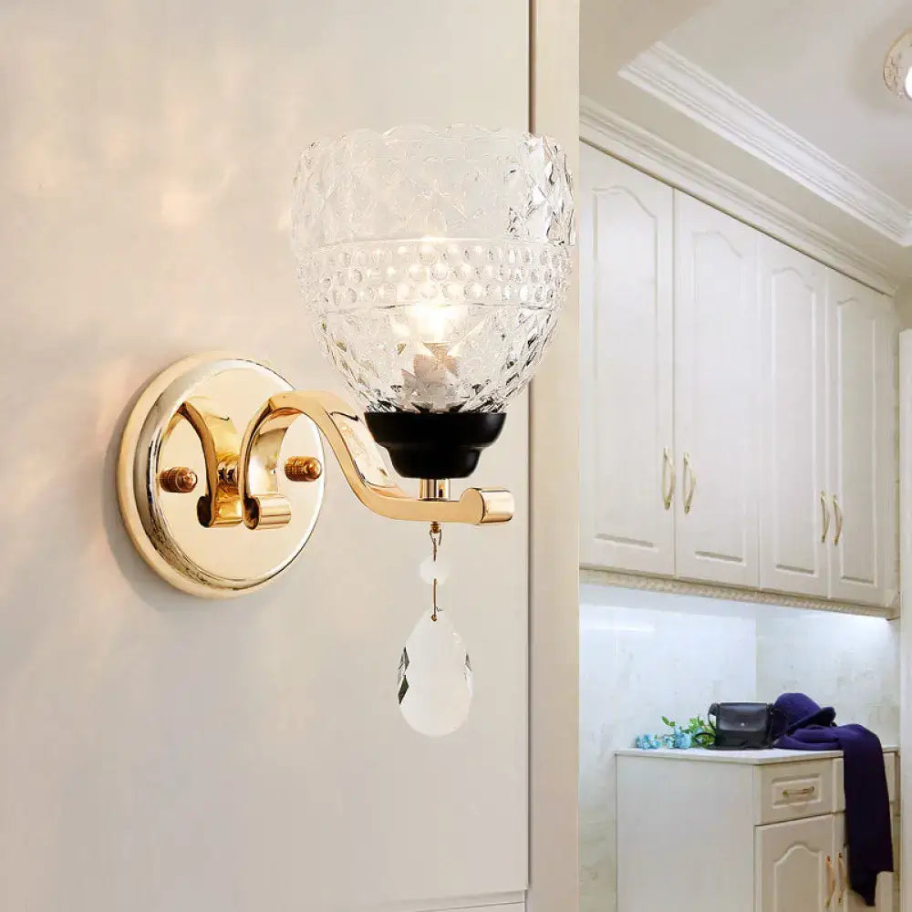Contemporary gold crystal drop wall sconce – bedroom teardrop crystal