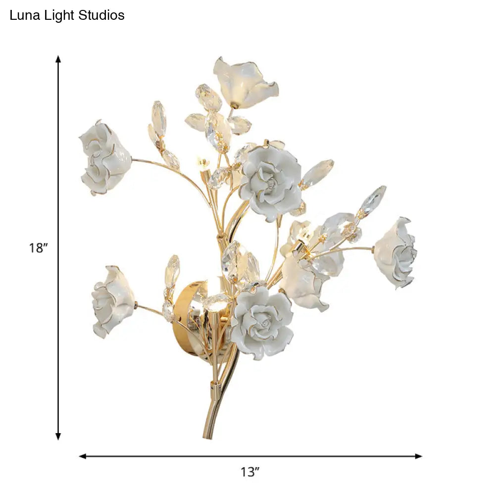 DecorBites™ Contemporary Gold Crystal Wall Lamp with Teardrop Faceted Design and Ceramic Flower Accents - 3 Bulb Wall Light Fixture