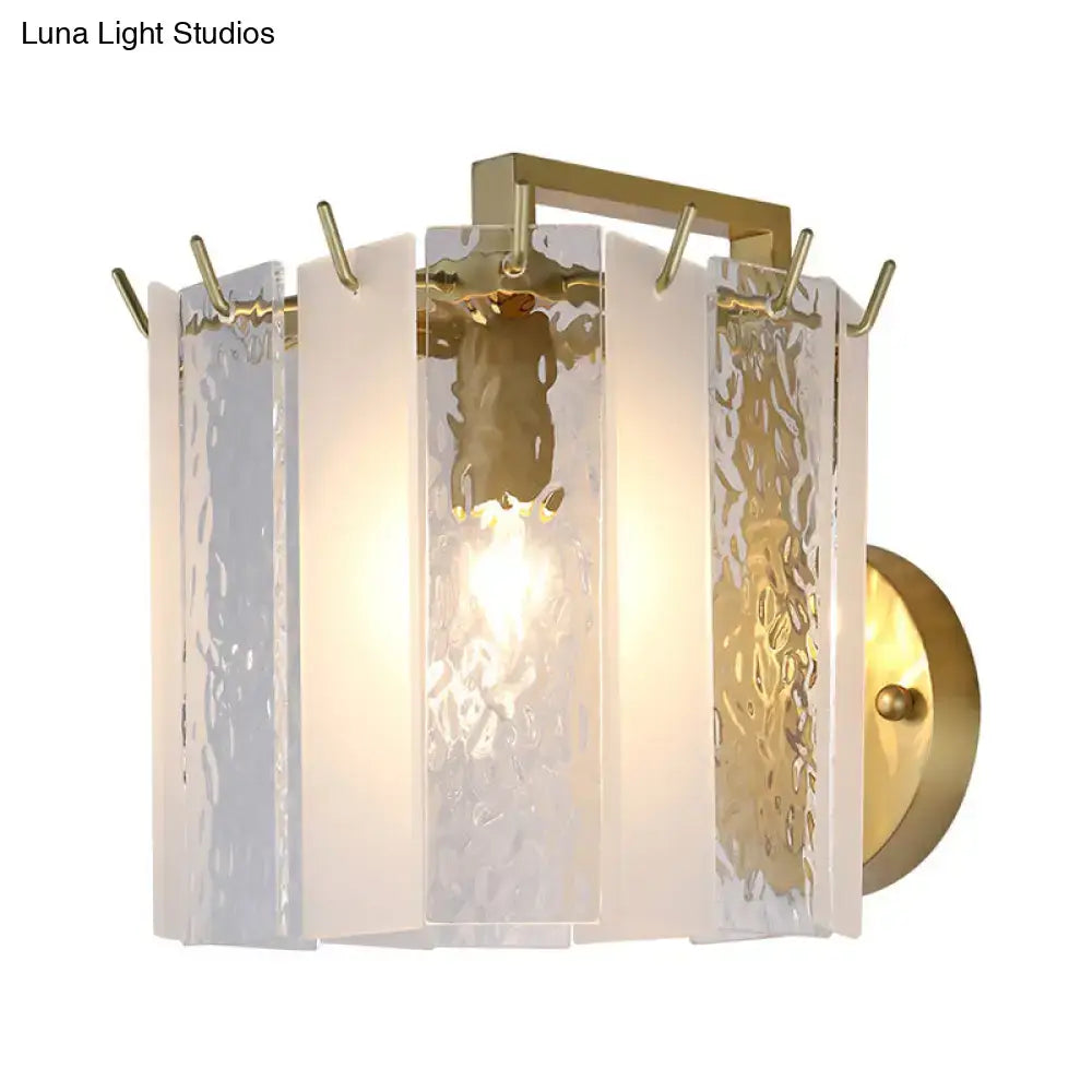 Contemporary gold drum wall sconce light – bedroom textured glass