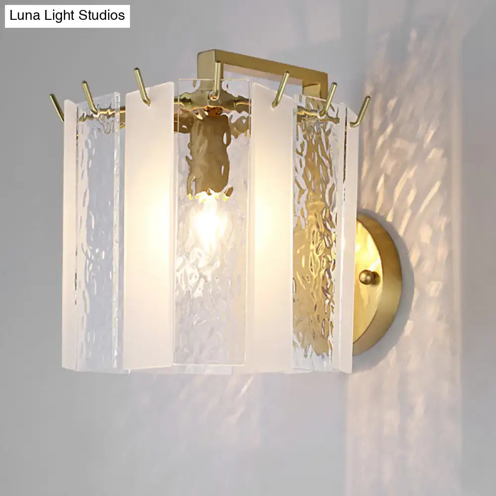 Contemporary gold drum wall sconce light – bedroom textured glass