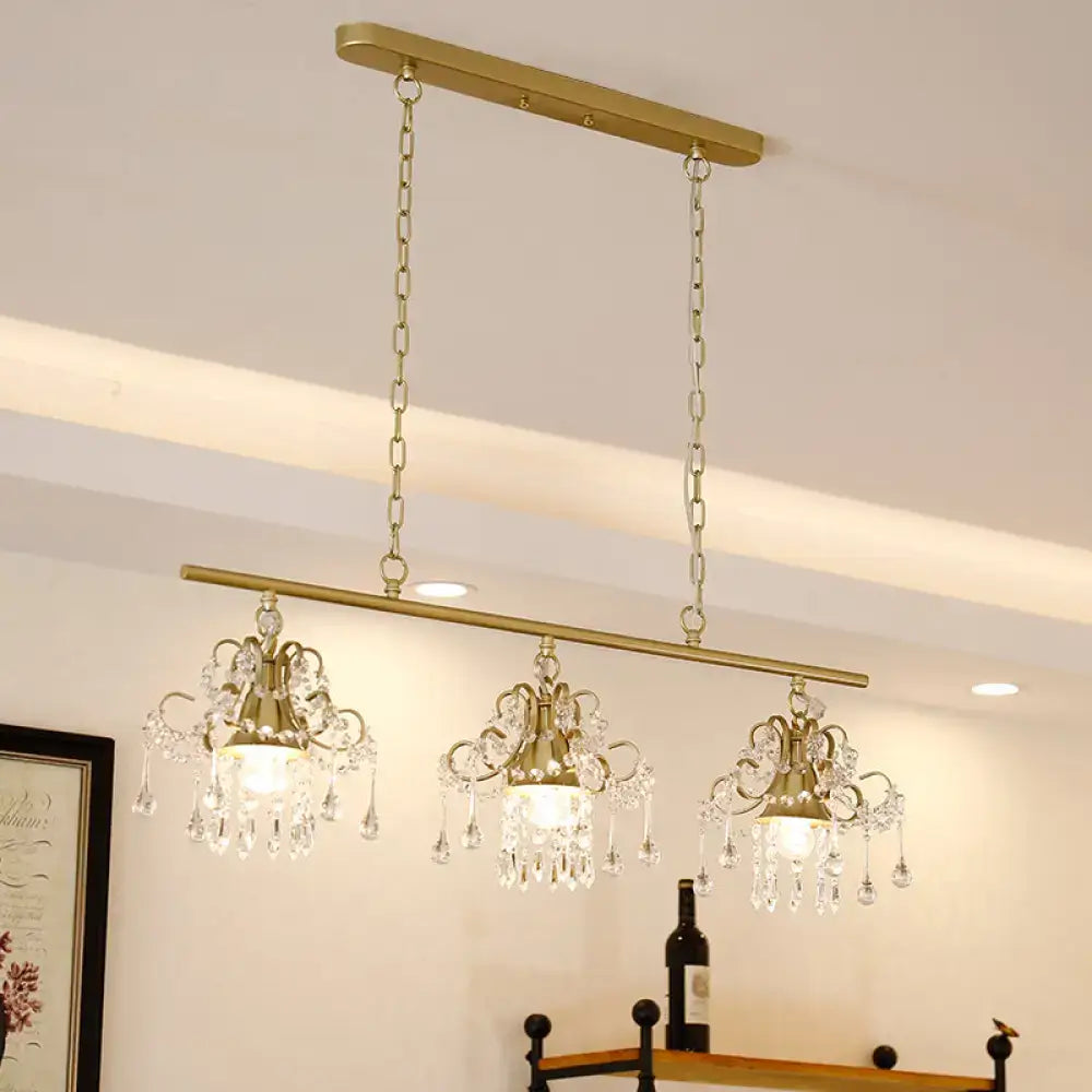 DecorBites™ Contemporary Gold Island Chandelier with Crystal Raindrop Accents - 3 Heads, Scroll Frame Design