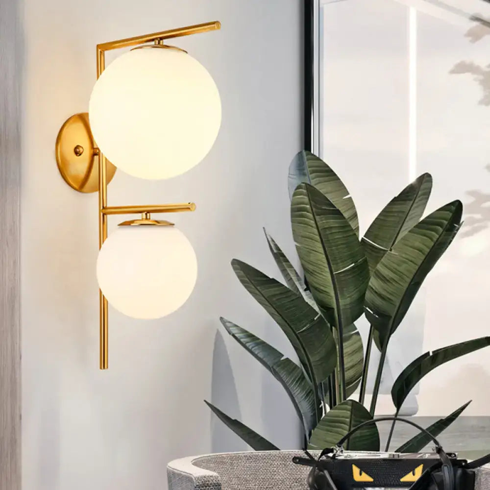 DecorBites™ Contemporary White Glass Spherical Sconce with 2 Gold Heads - Wall Mounted Light Fixture