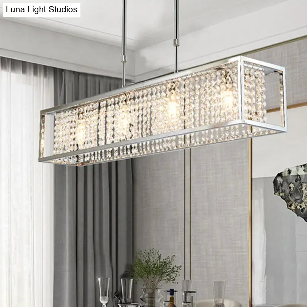 Contemporary silver rectangular chandelier with crystal drops dining room