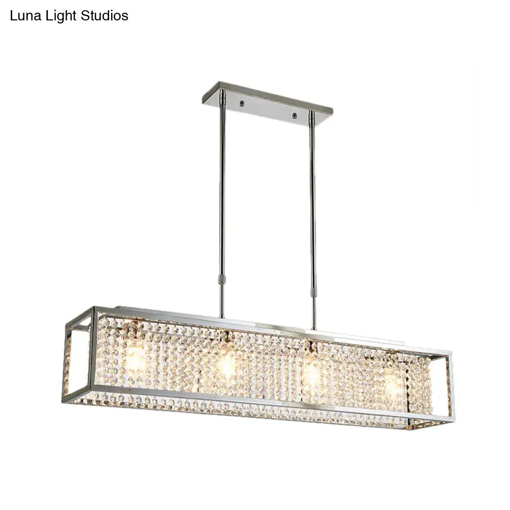 Contemporary silver rectangular chandelier with crystal drops dining room