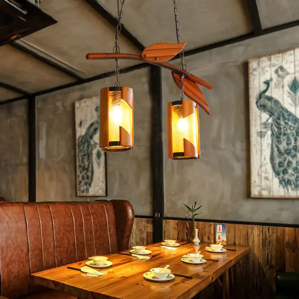 DecorBites™ Country Style Crackle Glass Hanging Light with Branch Accent - Brown, 2 Lights - Ideal for Restaurants