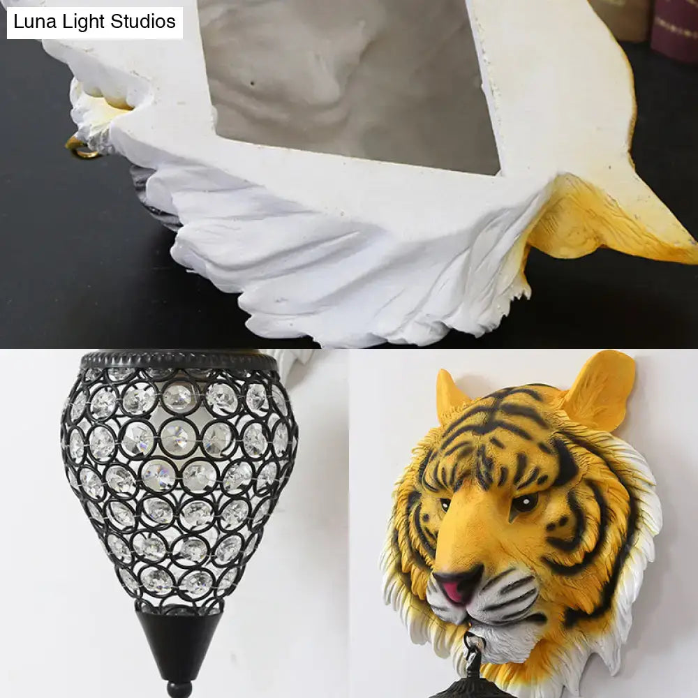 Country tiger head wall sconce bedroom light with clear crystal shade