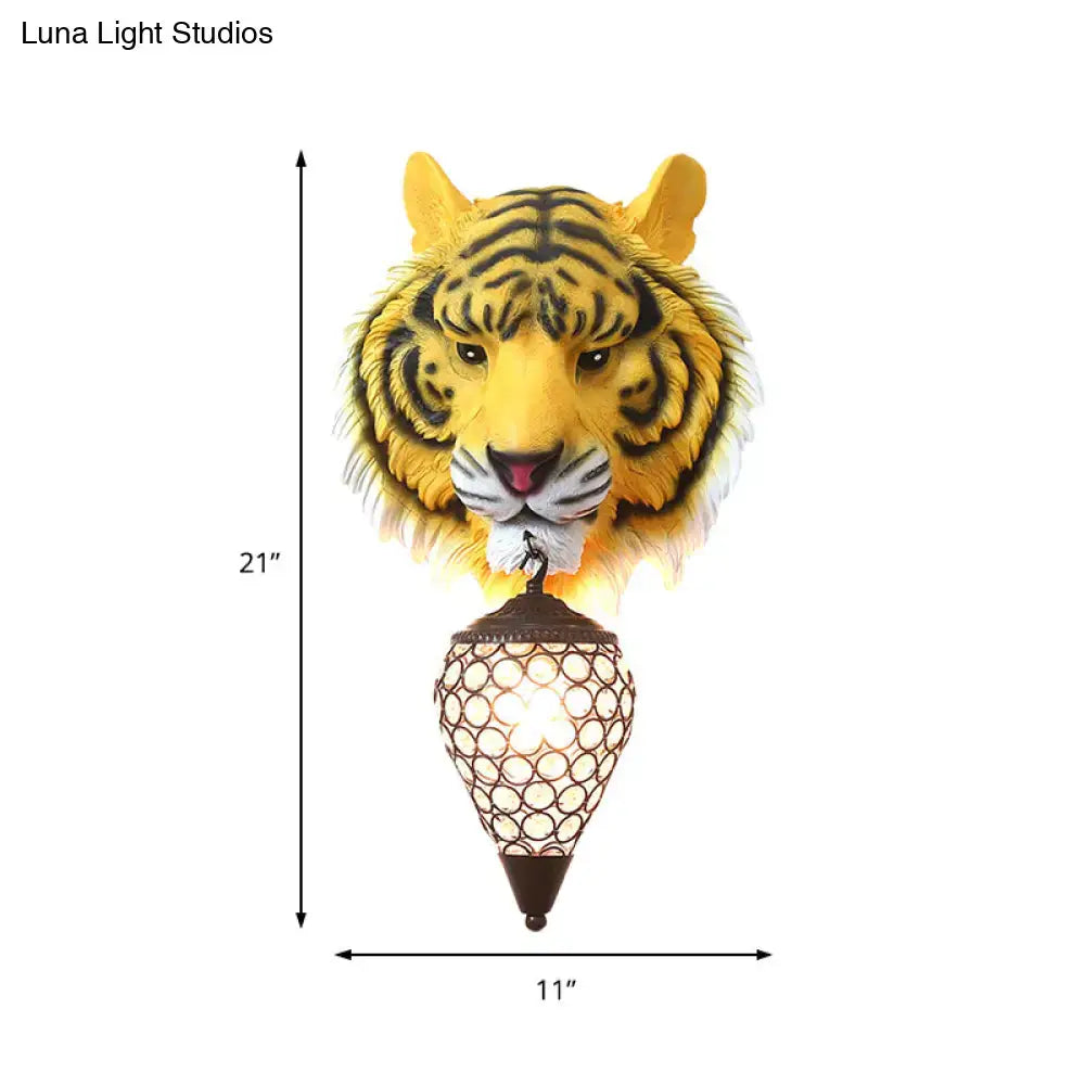Country tiger head wall sconce bedroom light with clear crystal shade
