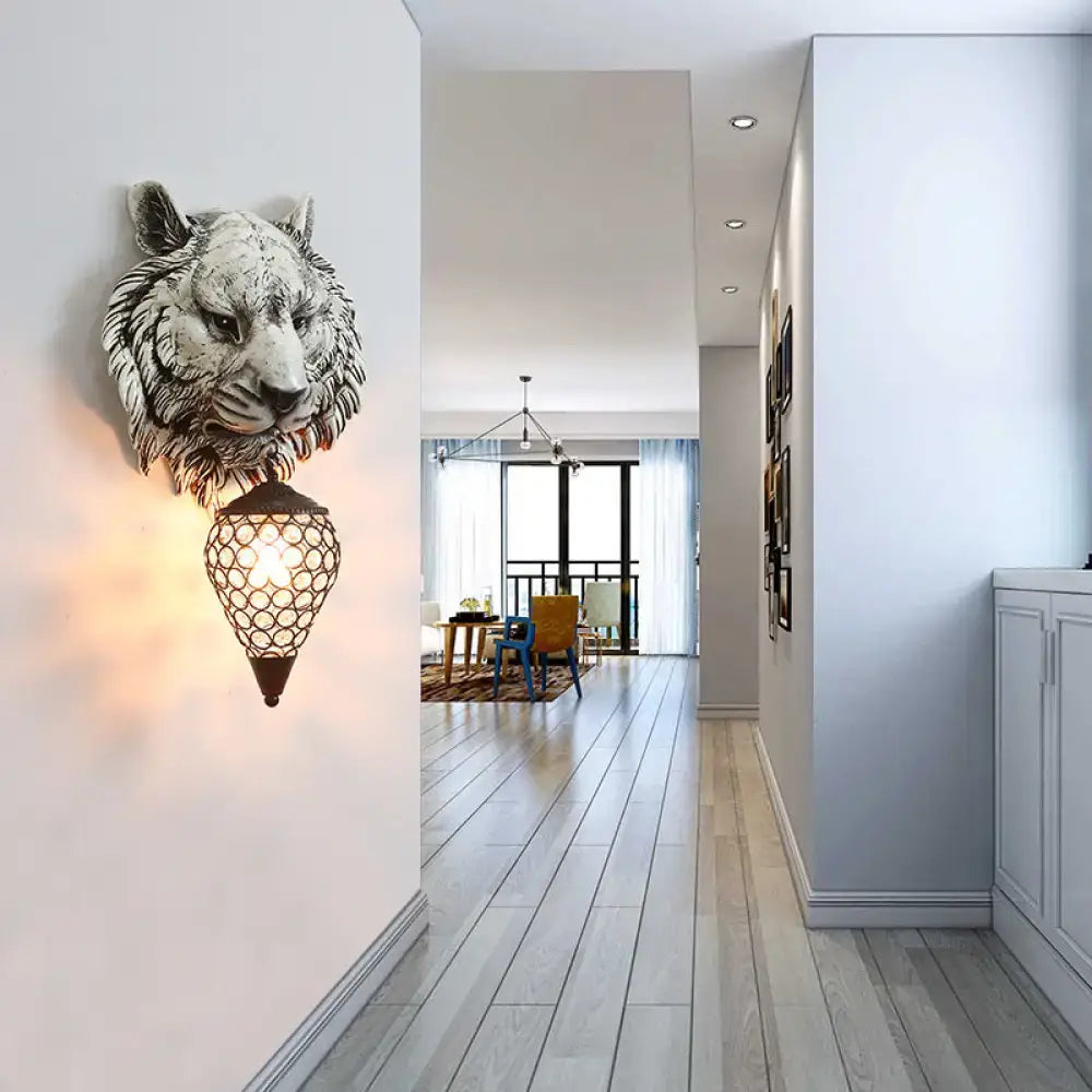 Country tiger head wall sconce bedroom light with clear crystal shade