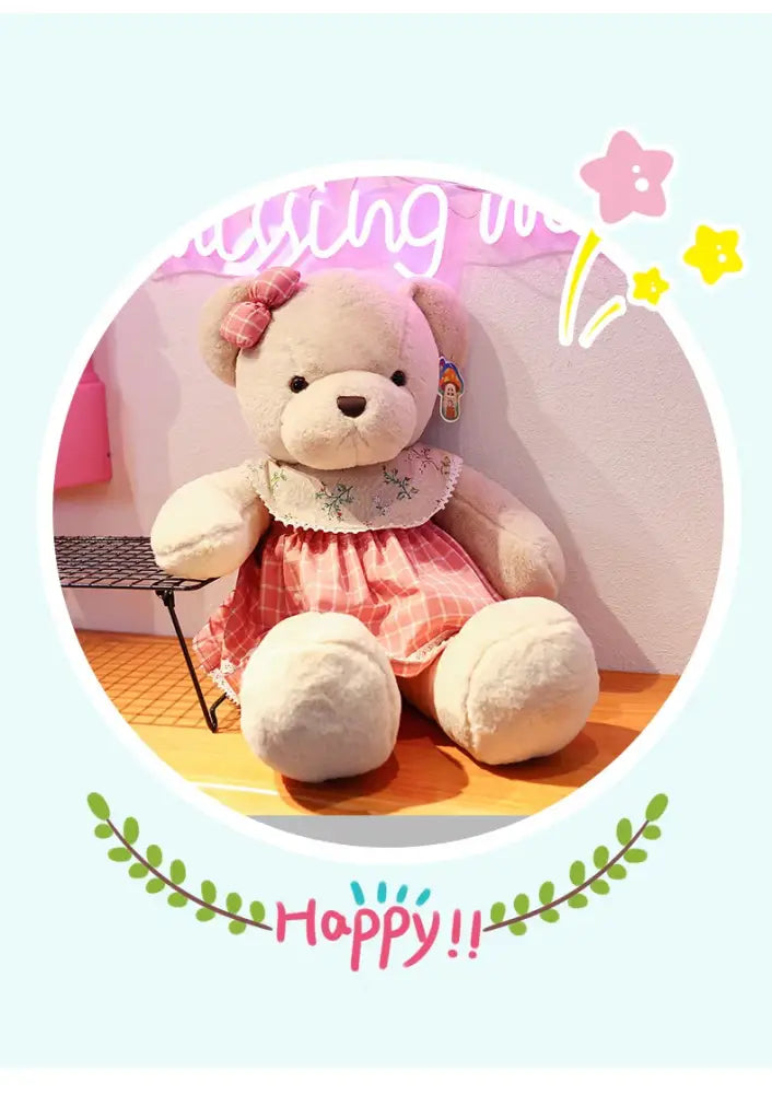Cream plaid couple bear plush toy bedroom gift decor