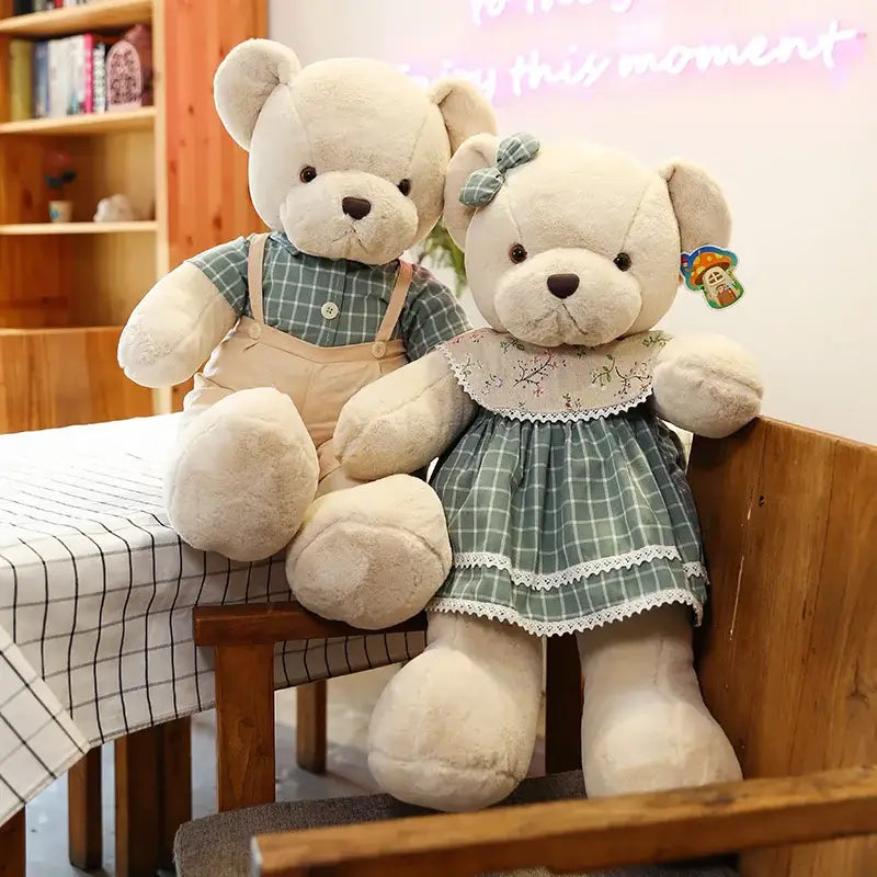 Cream plaid couple bear plush toy bedroom gift decor