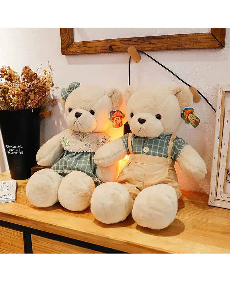Cream plaid couple bear plush toy bedroom gift decor