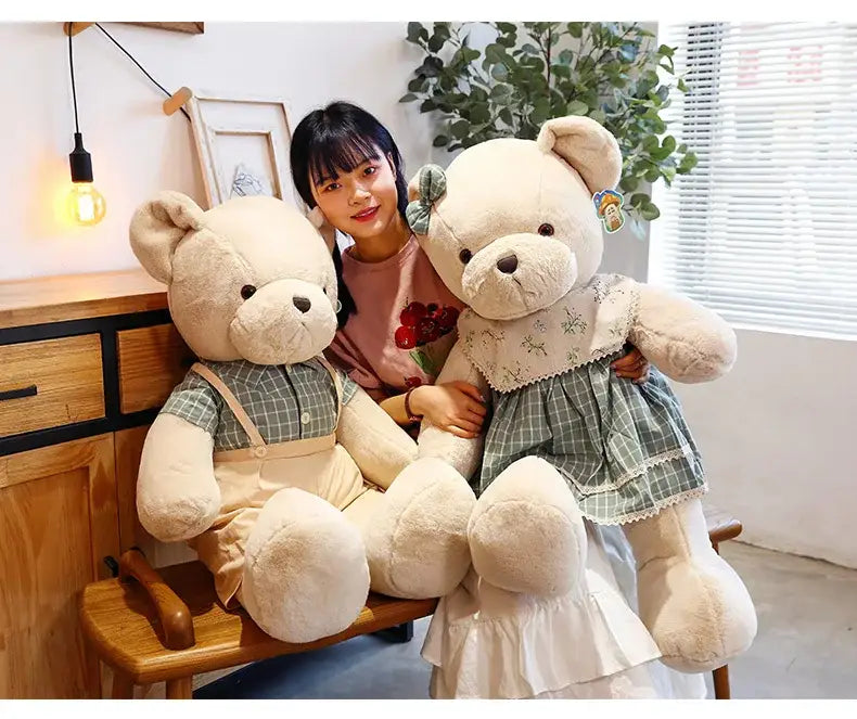 Cream plaid couple bear plush toy bedroom gift decor
