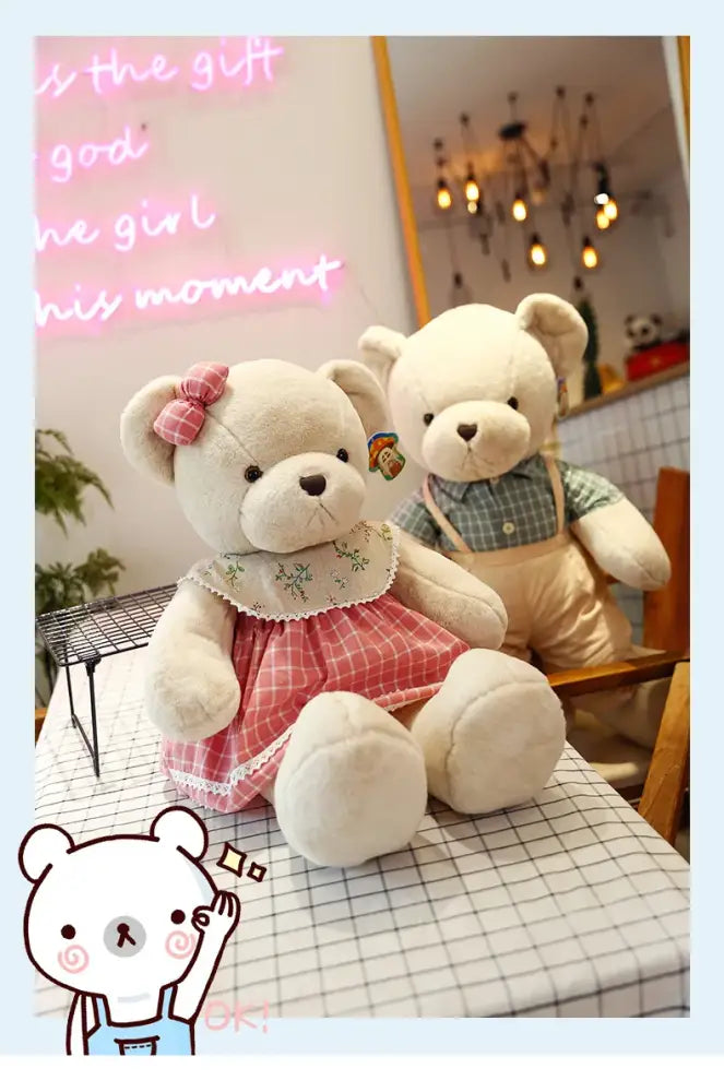 Cream plaid couple bear plush toy bedroom gift decor