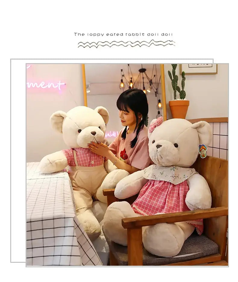 Cream plaid couple bear plush toy bedroom gift decor