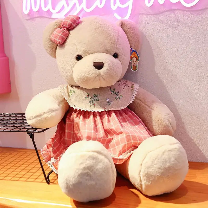 Cream plaid couple bear plush toy bedroom gift decor