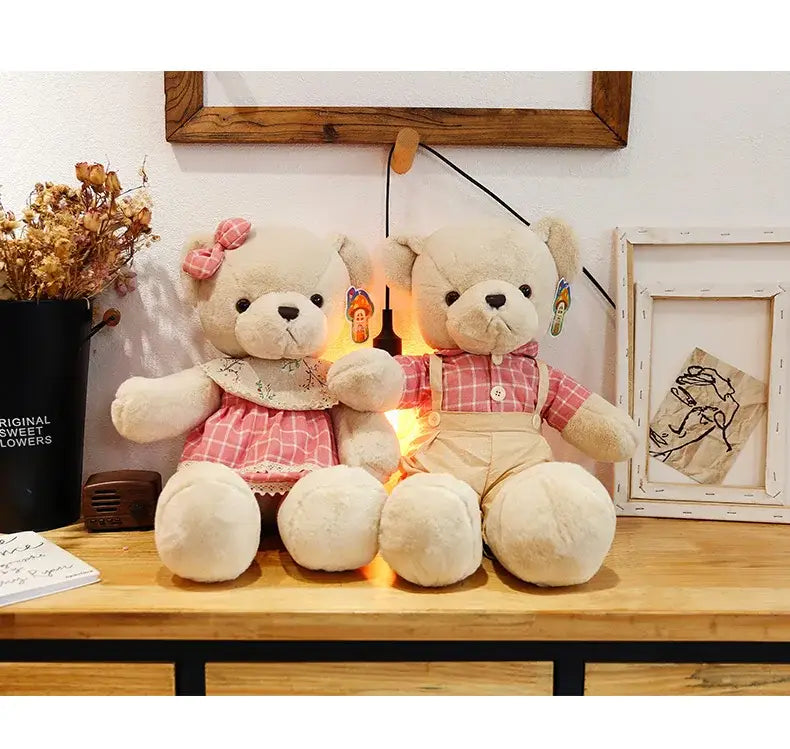 Cream plaid couple bear plush toy bedroom gift decor
