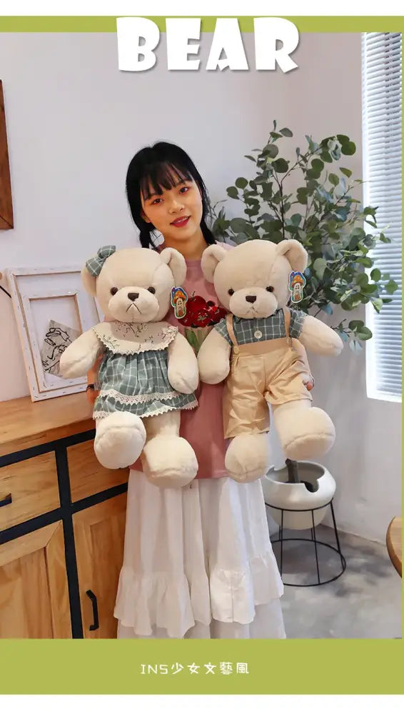 Cream plaid couple bear plush toy bedroom gift decor