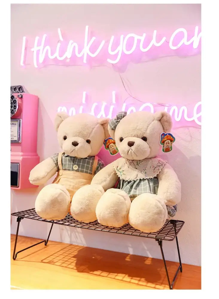 Cream plaid couple bear plush toy bedroom gift decor