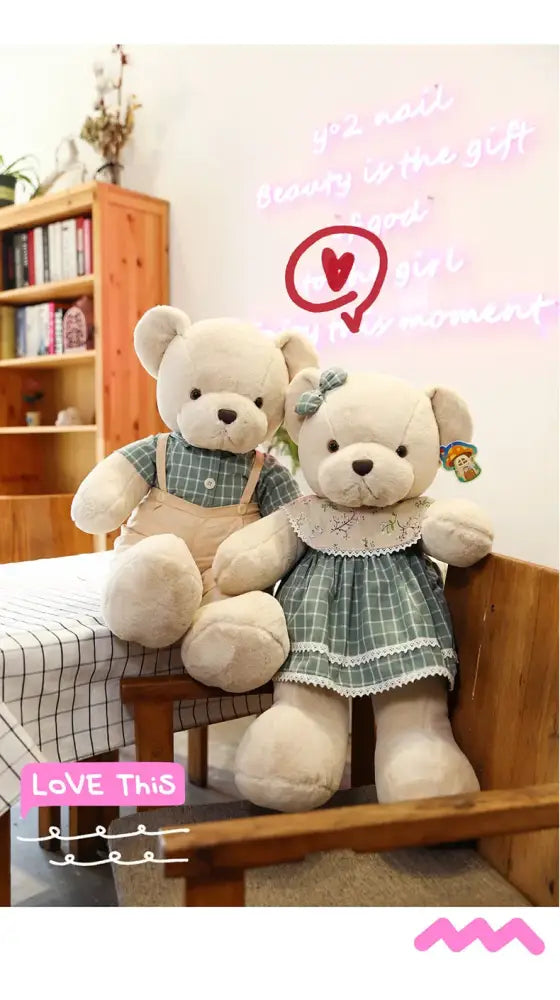 Cream plaid couple bear plush toy bedroom gift decor