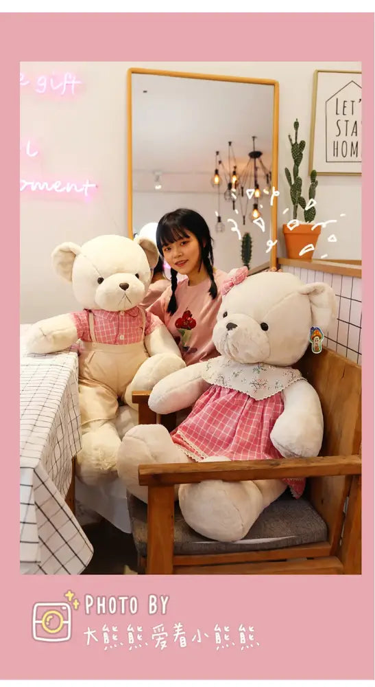 Cream plaid couple bear plush toy bedroom gift decor