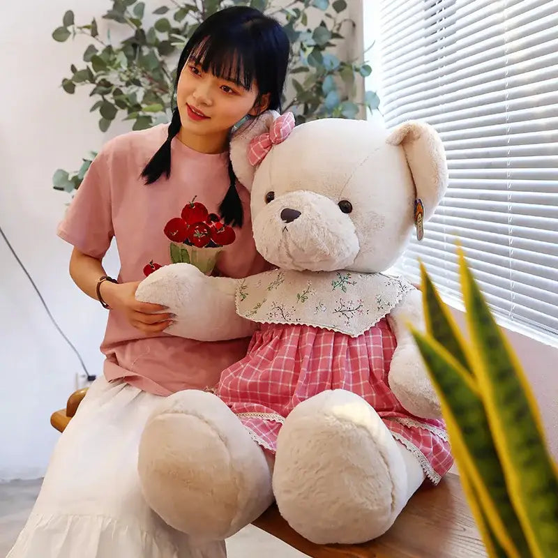 Cream plaid couple bear plush toy bedroom gift decor