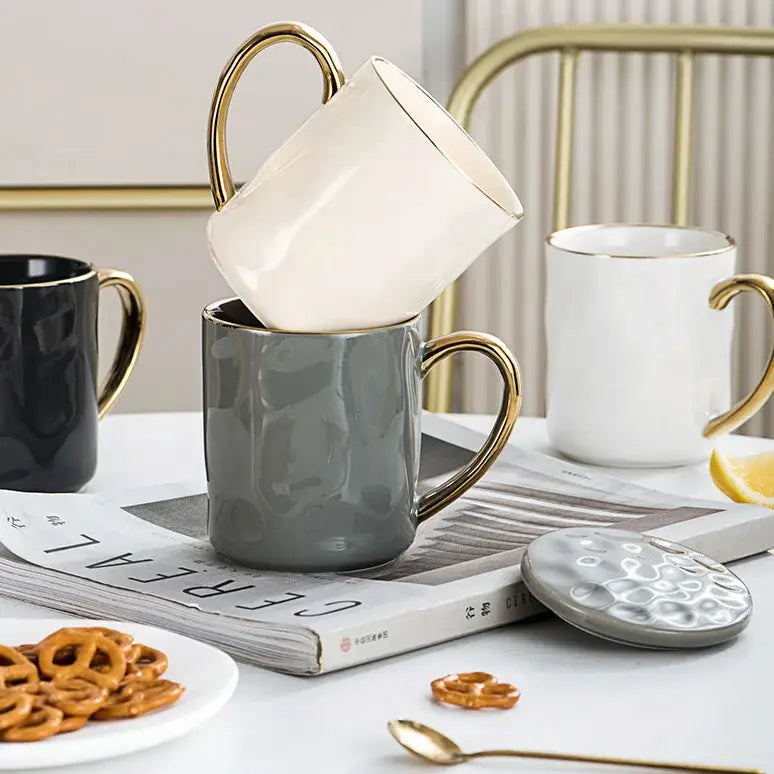 DecorBites™ Nordic Gold Rim Mug Set - Light Luxury Ceramic Coffee Cups with Handle