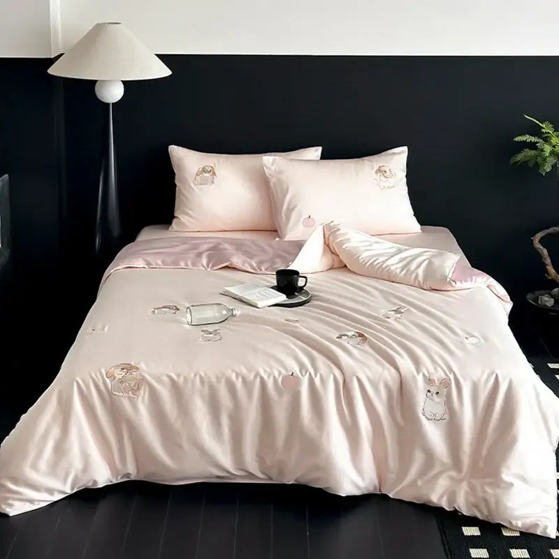 Cream cartoon embroidered ice silk bedding set bedroom bunny decor