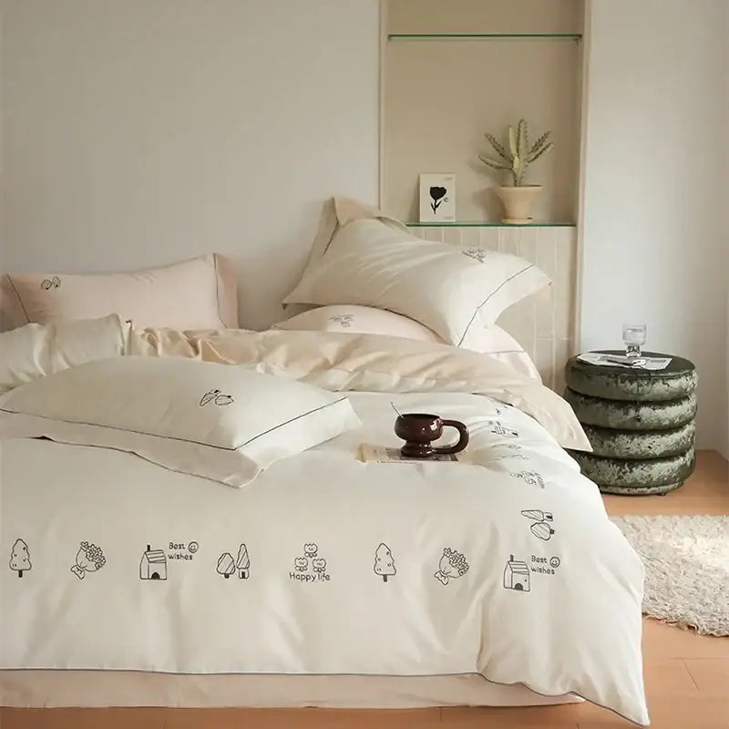 Cream embroidered brushed volcanic fleece bedding set bedroom