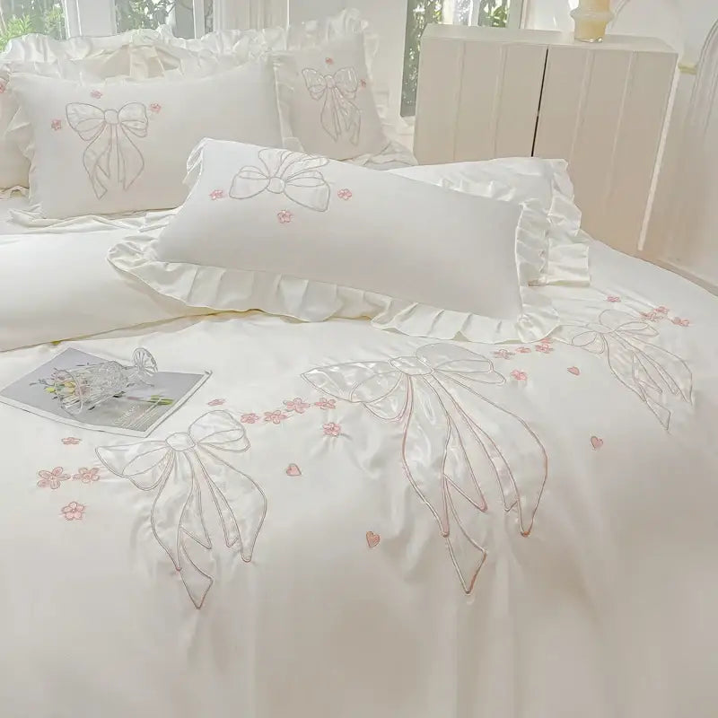Cream & pink ice silk embroidered ruffles duvet set bedroom bedding