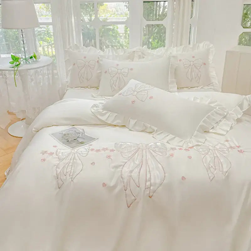 Cream & pink ice silk embroidered ruffles duvet set bedroom bedding
