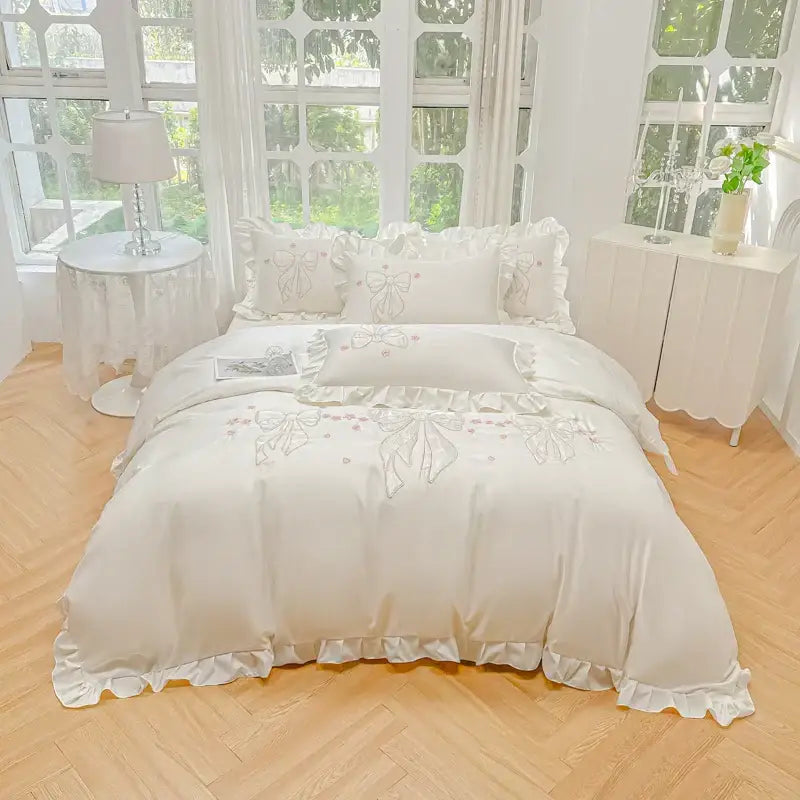 Cream & pink ice silk embroidered ruffles duvet set bedroom bedding