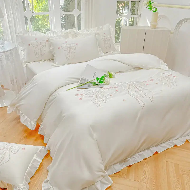 Cream & pink ice silk embroidered ruffles duvet set bedroom bedding