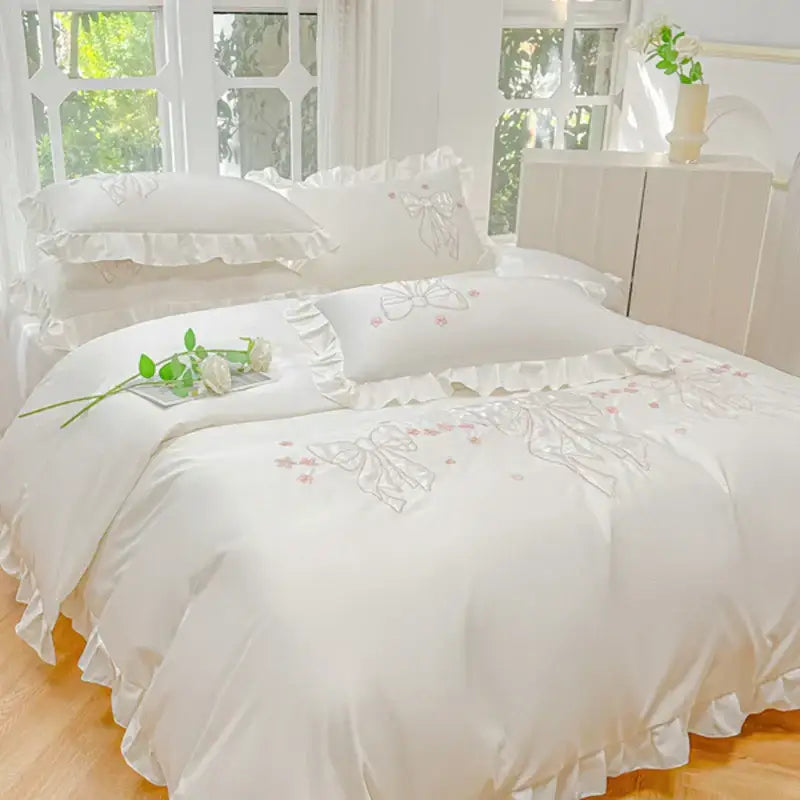 Cream & pink ice silk embroidered ruffles duvet set bedroom bedding