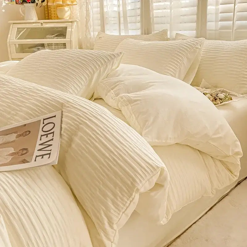 Cream ribbed bubble yarn fabric bedding set bedroom duvet cover