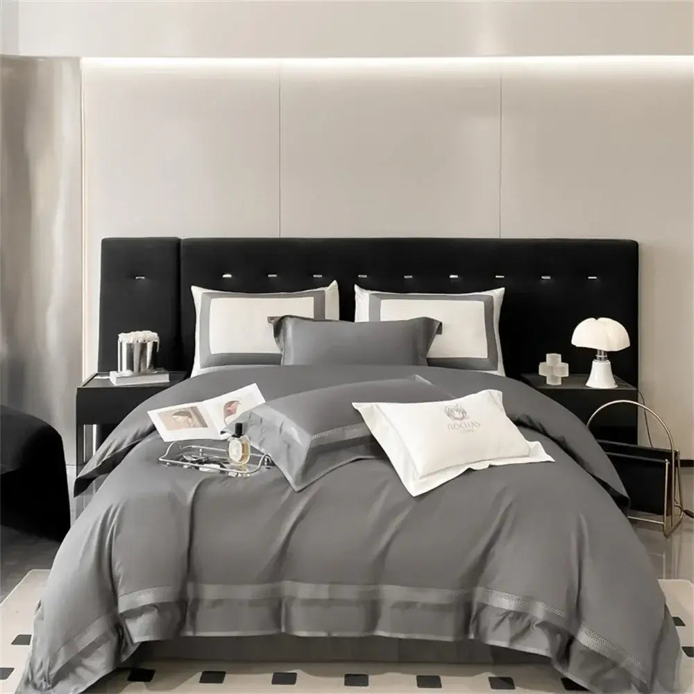 Cream satin 1000tc egyptian cotton bedding set bedroom silver piping