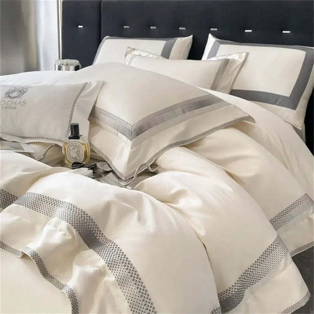 Cream satin 1000tc egyptian cotton bedding set bedroom silver piping