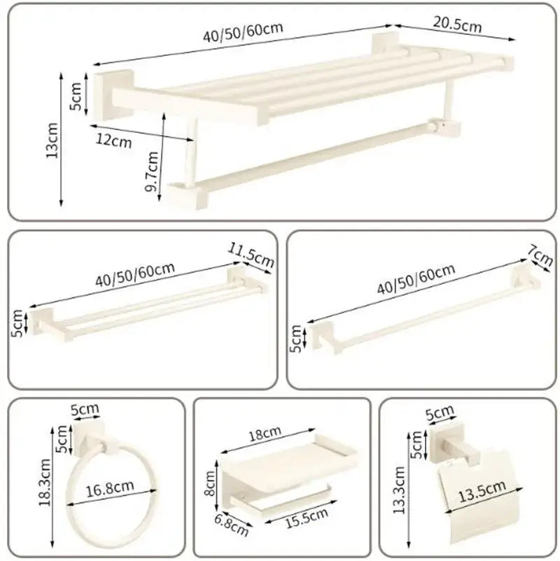 DecorBites™ Bathroom Set: Cream White Shelf, Towel Rack, Paper Holder, Brush Holder & Hardware