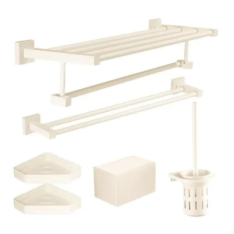 DecorBites™ Bathroom Set: Cream White Shelf, Towel Rack, Paper Holder, Brush Holder & Hardware