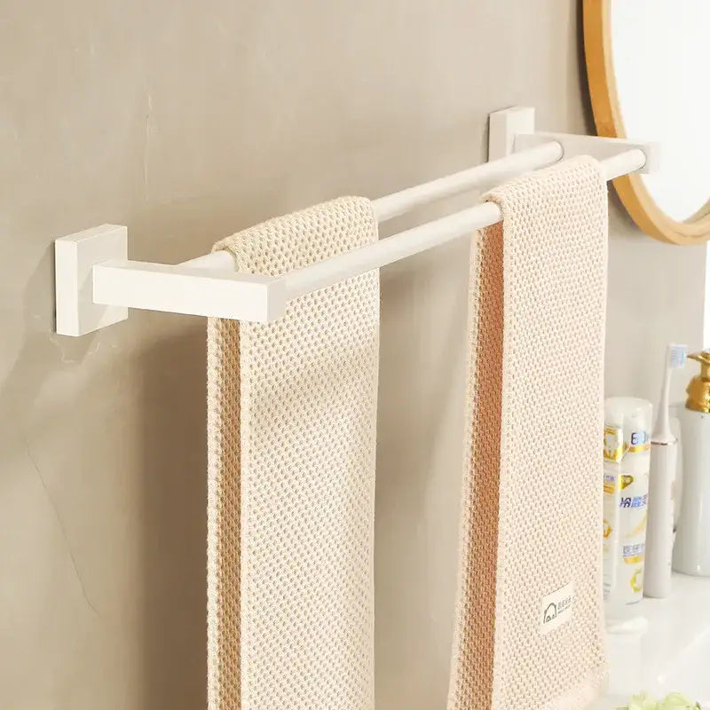 DecorBites™ Bathroom Set: Cream White Shelf, Towel Rack, Paper Holder, Brush Holder & Hardware