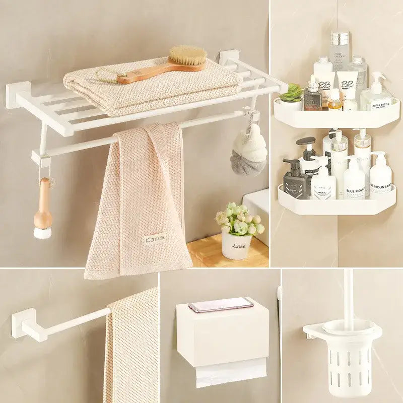 DecorBites™ Bathroom Set: Cream White Shelf, Towel Rack, Paper Holder, Brush Holder & Hardware