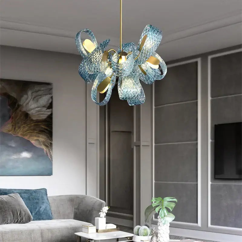 DecorBites™ Blue Glass Luxury Brass Ceiling Pendant Light - Creative Flower Design