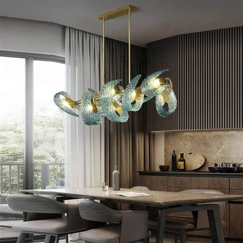 DecorBites™ Blue Glass Luxury Brass Ceiling Pendant Light - Creative Flower Design