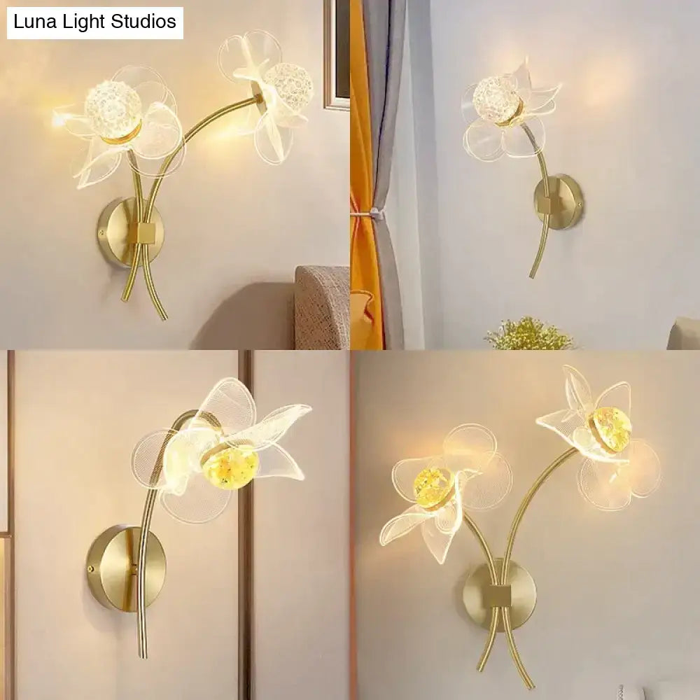 Creative floral decorative gold led wall lamp for bedroom crystal sconce