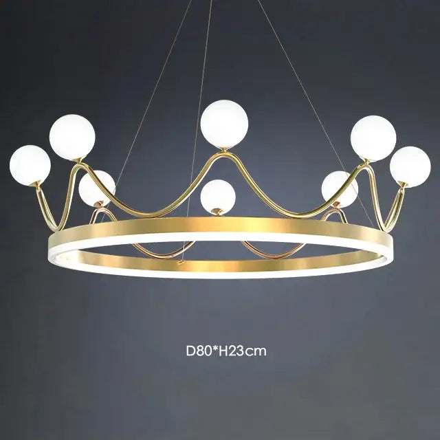Crown design gold chandelier with white spheres for living room