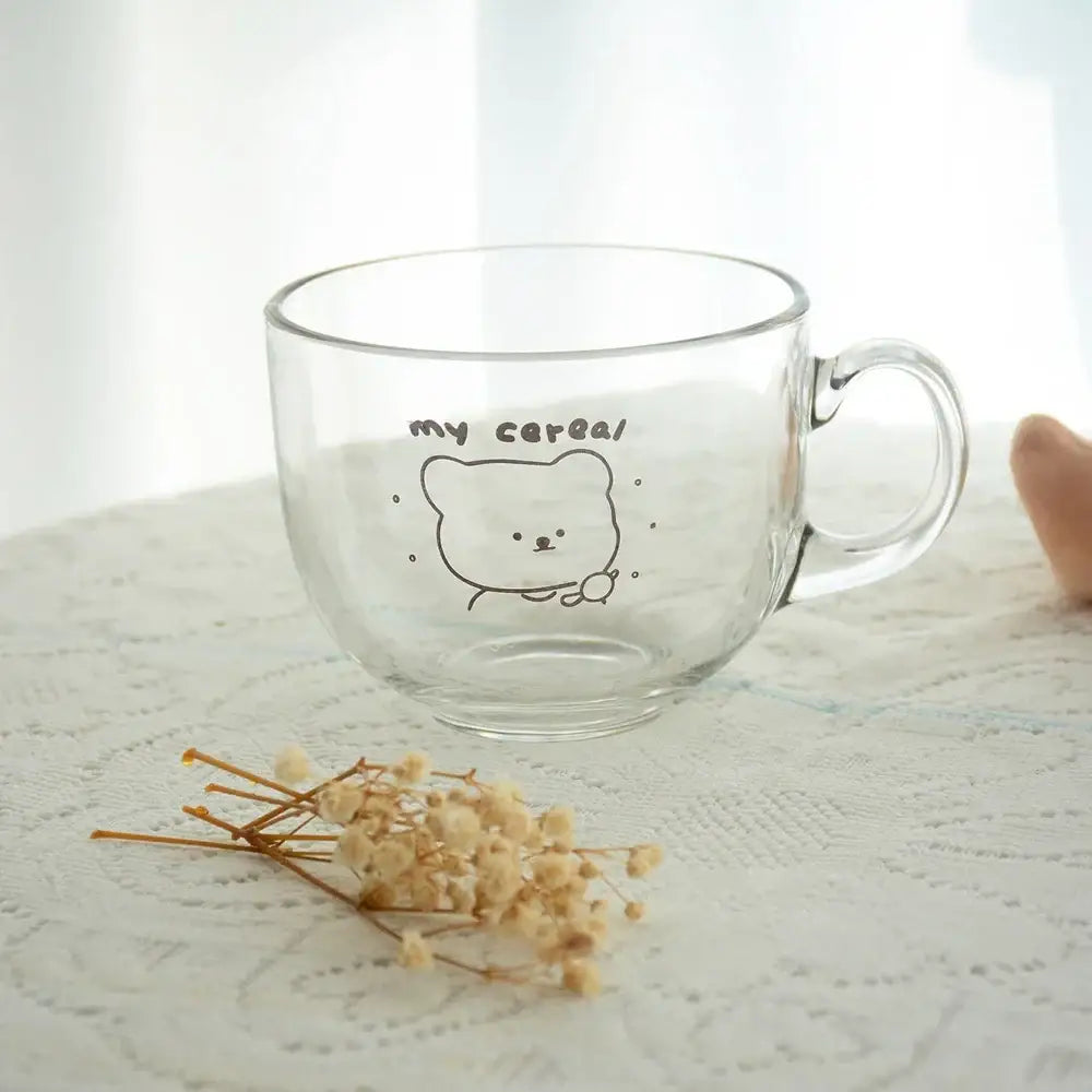 Cute bear print glass coffee mug kitchen cereal cup
