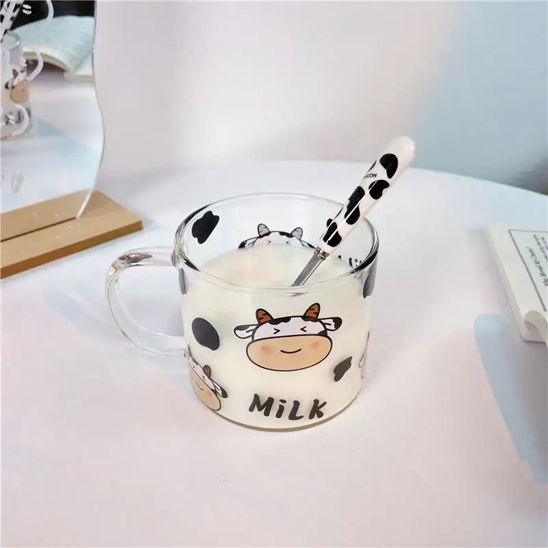 DecorBites™ 13.5oz Cow Pattern Glass Mug with Spoon Lid for Student Dormitory