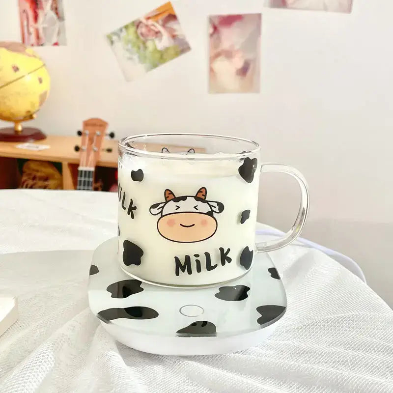 DecorBites™ 13.5oz Cow Pattern Glass Mug with Spoon Lid for Student Dormitory